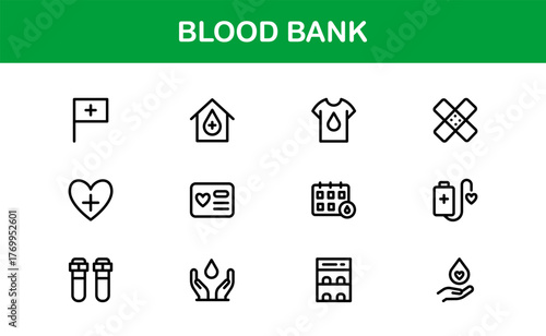 Blood Bank Icons – Professional Line Icon Set – Modern, Minimal Vector Collection for Medical Donation, Transfusion, and Healthcare Systems