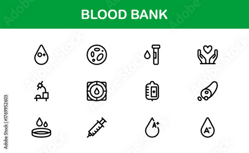 Blood Bank Icons – Professional Line Icon Set – Modern, Minimal Vector Collection for Medical Donation, Transfusion, and Healthcare Systems