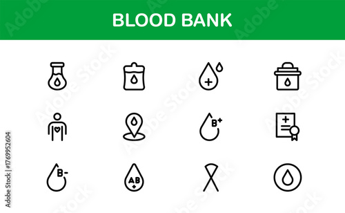 Blood Bank Icons – Professional Line Icon Set – Modern, Minimal Vector Collection for Medical Donation, Transfusion, and Healthcare Systems