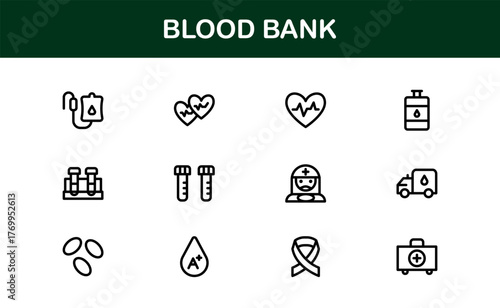 Blood Bank Icons – Professional Line Icon Set – Modern, Minimal Vector Collection for Medical Donation, Transfusion, and Healthcare Systems