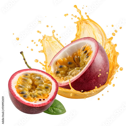 Fresh Passion Fruit Juice Splash - Exotic Tropical Pulp & Vibrant Healthy Flavor on transparent background