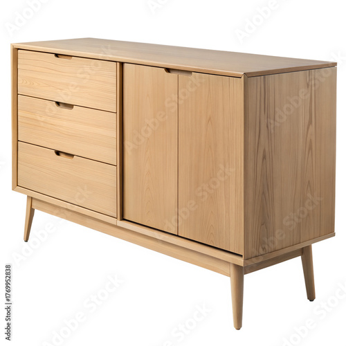 Modern light wood sideboard with drawers and cabinet doors on tapered legs