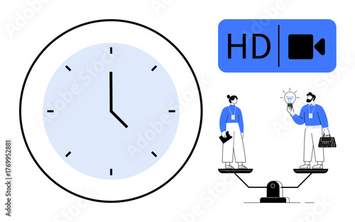 Clock representing time, two people balancing priorities on a scale, and HD video communication icon. Ideal for productivity, decision-making, teamwork, communication, time management, technology