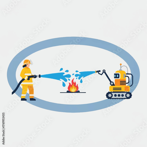 A firefighter and a robot work together to extinguish a fire with water hoses, all framed within a blue oval.