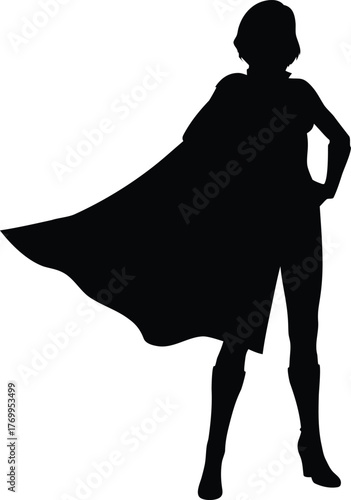 Confident Female Superhero Silhouette with Flowing Cape Vector