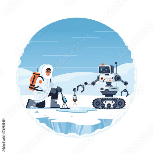 A person in arctic gear kneels beside a robot examining a sample taken from a hole in the ice.