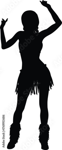 Dynamic Hawaiian Hula Dancer Black Silhouette with Tribal Costume and Grass Skirt