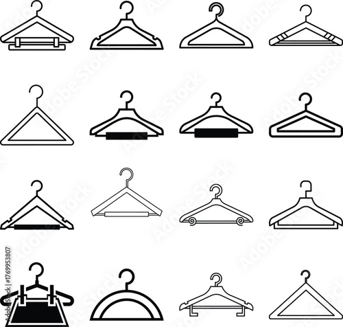 A comprehensive set of outline clothes hanger icons for organizing garments and apparel storage solutions