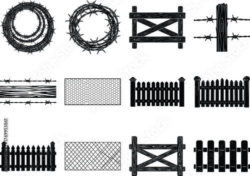 A comprehensive set of various fence designs including barbed wire coils, wooden gates, and picket fences