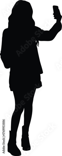 Female Silhouette Taking Selfie with Smartphone Vector