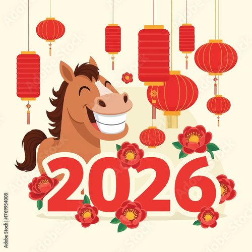 Cartoon horse smiling behind the year 2026, surrounded by red lanterns and flowers, celebrating the Chinese New Year.