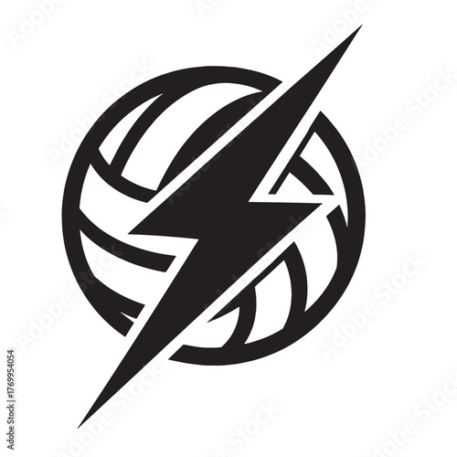 Black lightning bolt symbol inside a stylized volleyball outline white strike
