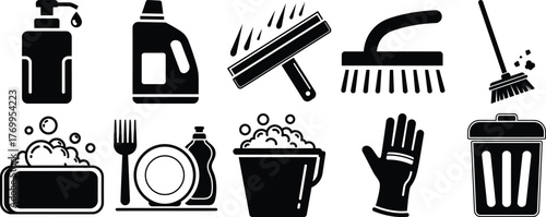 A set of essential cleaning supplies icons featuring various tools and products for household chores