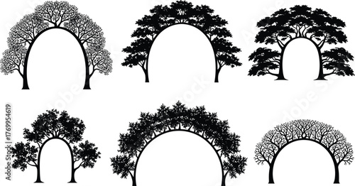 Black tree arch silhouettes vector illustration set, diverse artistic styles, decorative botanical elements, natural landscape artwork, seasonal foliage collection, creative nature design for projects