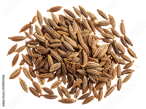 Dried aromatic cumin seeds isolated, commonly used in cooking for flavor, aroma, and health benefits in various global cuisines.