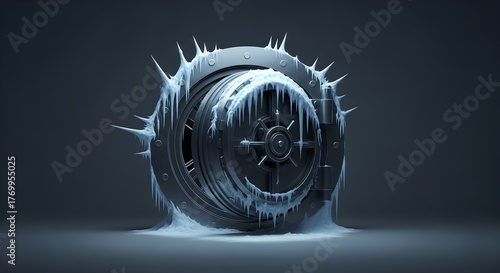 An ice-bound vault door dramatically visualizes the chilling grip of a global financial crisis, symbolizing frozen assets and economic stagnation