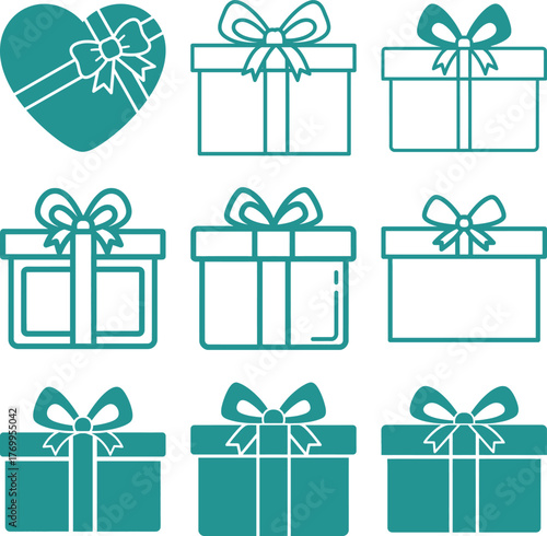 Assortment of neatly wrapped gift boxes with bows and a heart shaped present for celebrations