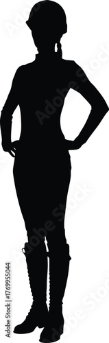 Confident Female Equestrian Silhouette, Helmet and Riding Boots, Full Body Stance
