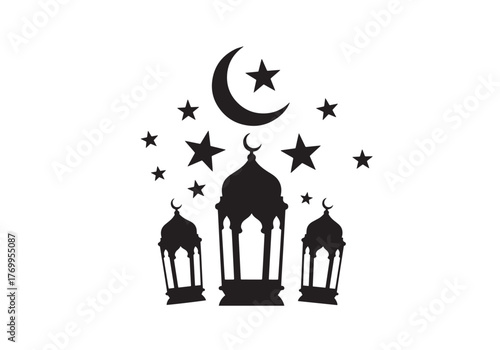 Silhouette of three lanterns with crescent moon and stars in a celestial night themed illustration