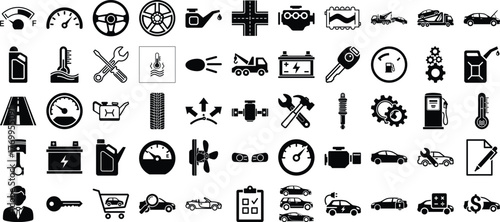 Automotive service and repair icons including vehicle parts, dashboard gauges, and mechanic tools for diagnostics