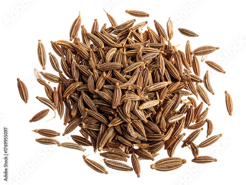 Dried whole cumin seeds isolated closeup texture aromatic spice Indian Middle Eastern cooking ingredient.