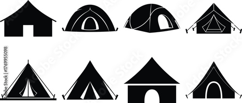 Collection of black silhouette camping tent icons in various shapes, perfect for outdoor recreation and adventure themes