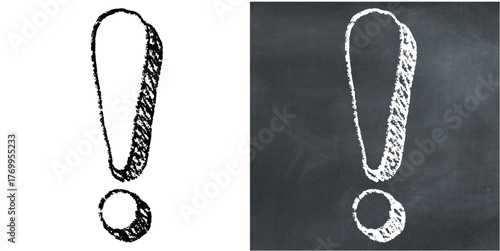Chalk hand-drawn exclamation mark vector. Ideal for warning, attention, and importance themes. This graphic symbolizes emphasis and surprise with a unique, sketchy aesthetic.