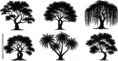 Black tree silhouettes vector illustration set, diverse species including willow, palm, deciduous, twisted trunk, decorative botanical elements, natural landscape artwork collection