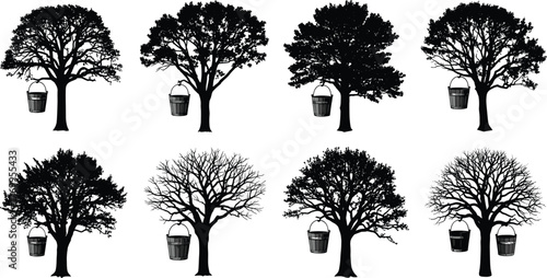 Black tree silhouettes with hanging wooden buckets vector illustration set, seasonal foliage artwork, decorative botanical elements, natural landscape design, creative nature collection for projects