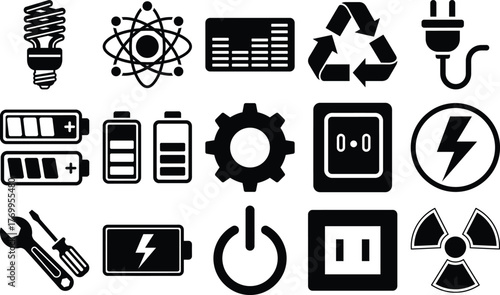Collection of electrical energy symbols representing power, recycling, and scientific technological concepts