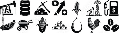 Collection of essential commodity and industrial symbols representing oil, agriculture, mining, and finance sectors