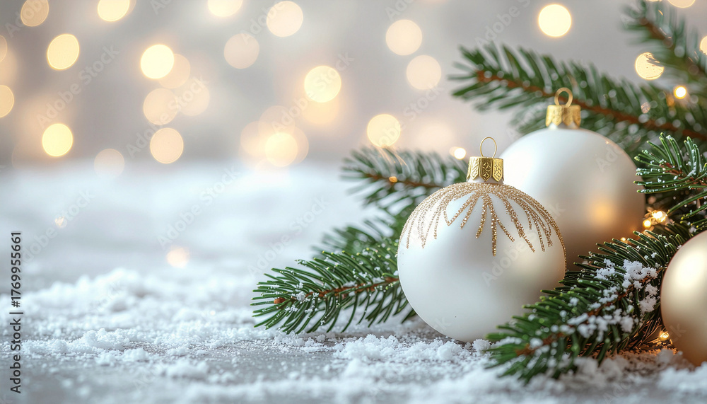Fototapeta premium Elegant white and gold Christmas ornaments hanging on a fir tree with bokeh lights
