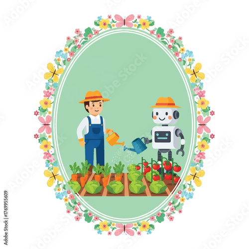 A farmer and a robot work together watering vegetables in a garden, framed by a floral border.