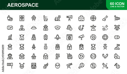 Aerospace icon pack showing aviation, space exploration, and flight technology concept