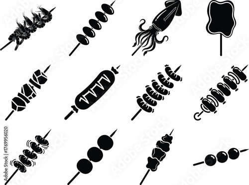 Collection of various skewered food items and grilled snacks presented as simple vector silhouettes