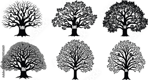 Tree silhouette vector illustration set with barcode integrated trunks, abstract forest artwork, decorative nature and technology fusion, creative ecological inspired collection graphics