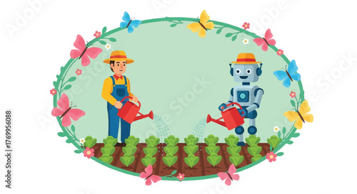 A farmer and a robot are watering plants in a garden surrounded by a floral frame with butterflies.