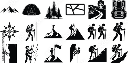 Comprehensive collection of hiking and mountain climbing icons depicting outdoor adventure and exploration activities