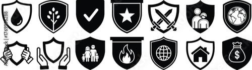 Comprehensive collection of shield icons representing various aspects of security, protection, and safety measures