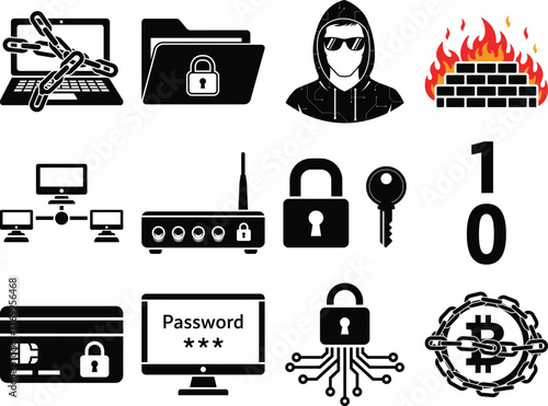 Comprehensive set of digital data security icons, including encryption, hacker threats, and network protection elements