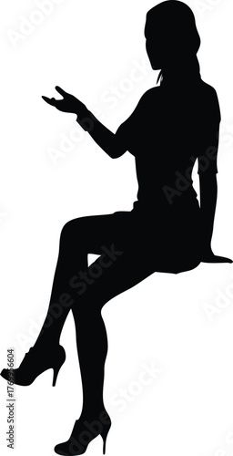 Silhouette of Sitting Woman Gesturing While Talking, Elegant Female Vector for Communication and Business Concepts