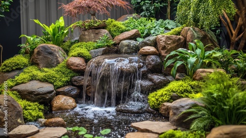 Indoor rock garden waterfall display with plants and water feature