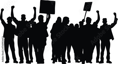 Silhouette of Protesters Holding Signs and Raising Fists, Crowd Demonstration Vector Illustration