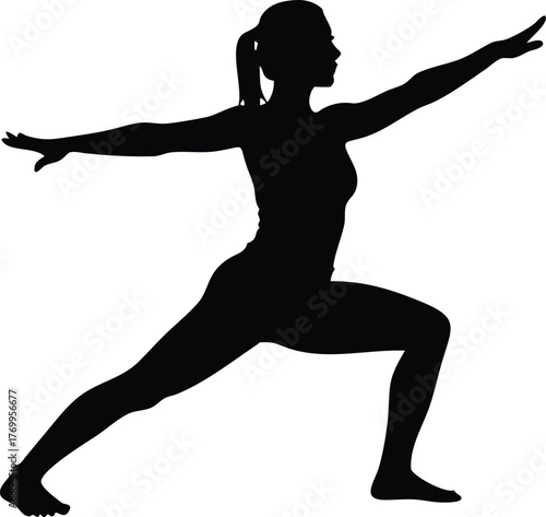Silhouette of Woman in Yoga Warrior Pose on White Background