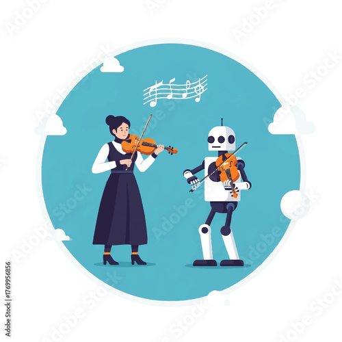 A woman and a robot are playing violins together, with musical notes floating above them, set against a blue circular background with clouds.