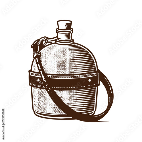 Vintage Military Style Canteen: Classic Engraved Illustration