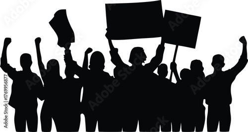 Silhouette of Protesters Holding Placards and Raising Fists, Social Justice and Activism Crowd Illustration