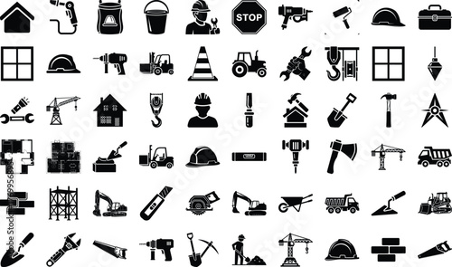 Diverse construction site tools and building equipment icons for industrial engineering projects