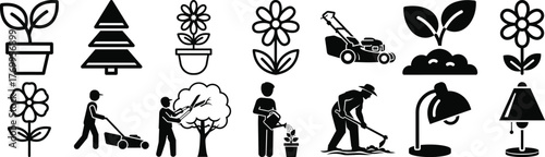 Diverse icons illustrating gardening activities, plants, flowers, trees, and also includes desktop lamps for various applications
