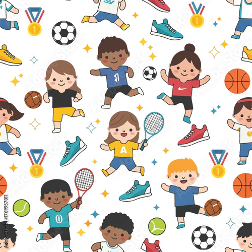 Seamless pattern featuring cartoon children playing various sports like soccer, basketball, tennis, and running, interspersed with sports equipment and medals.